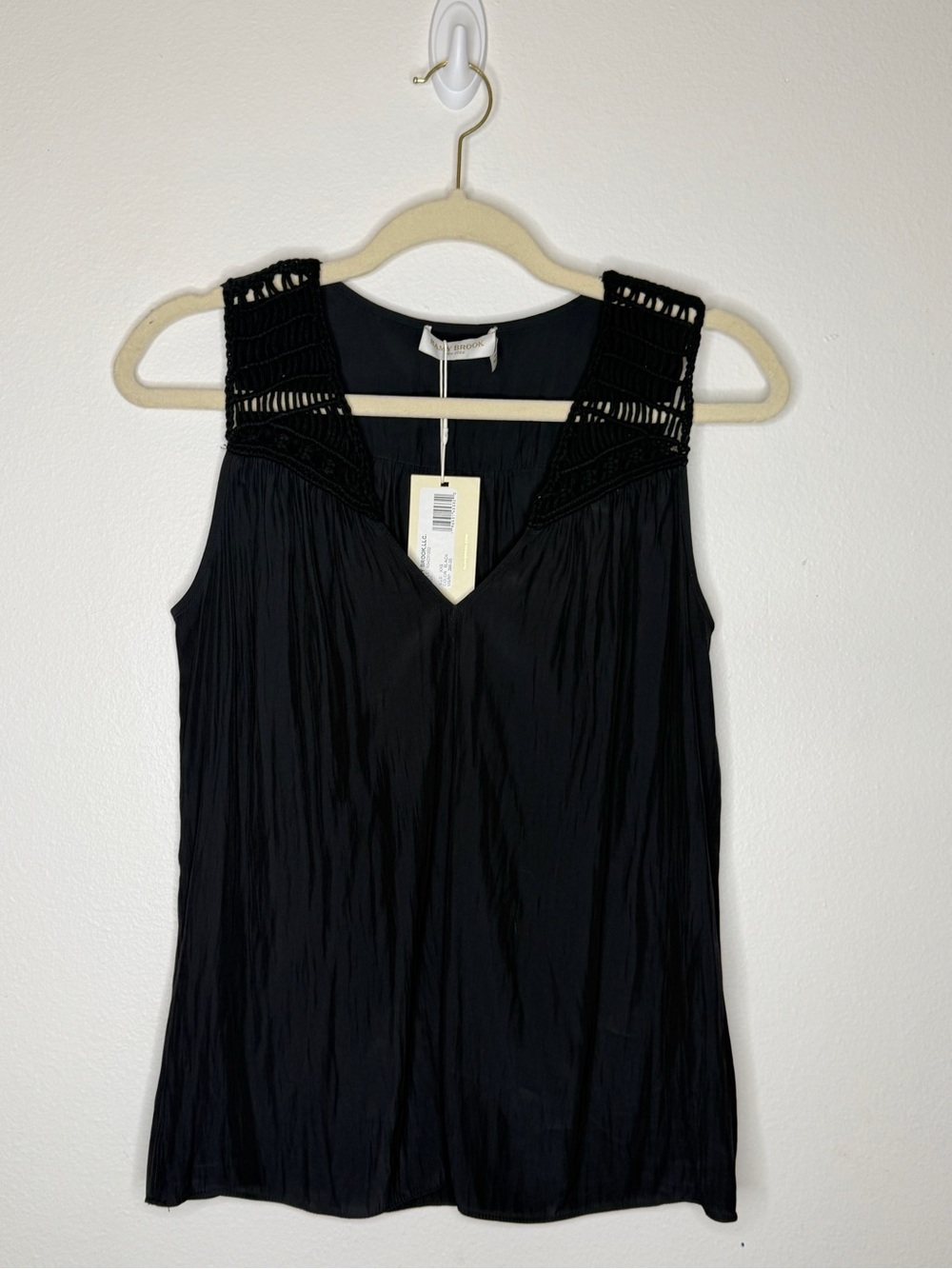 Ramy Brook Black V-Neck Sleeveless Top with Crochet Yoke